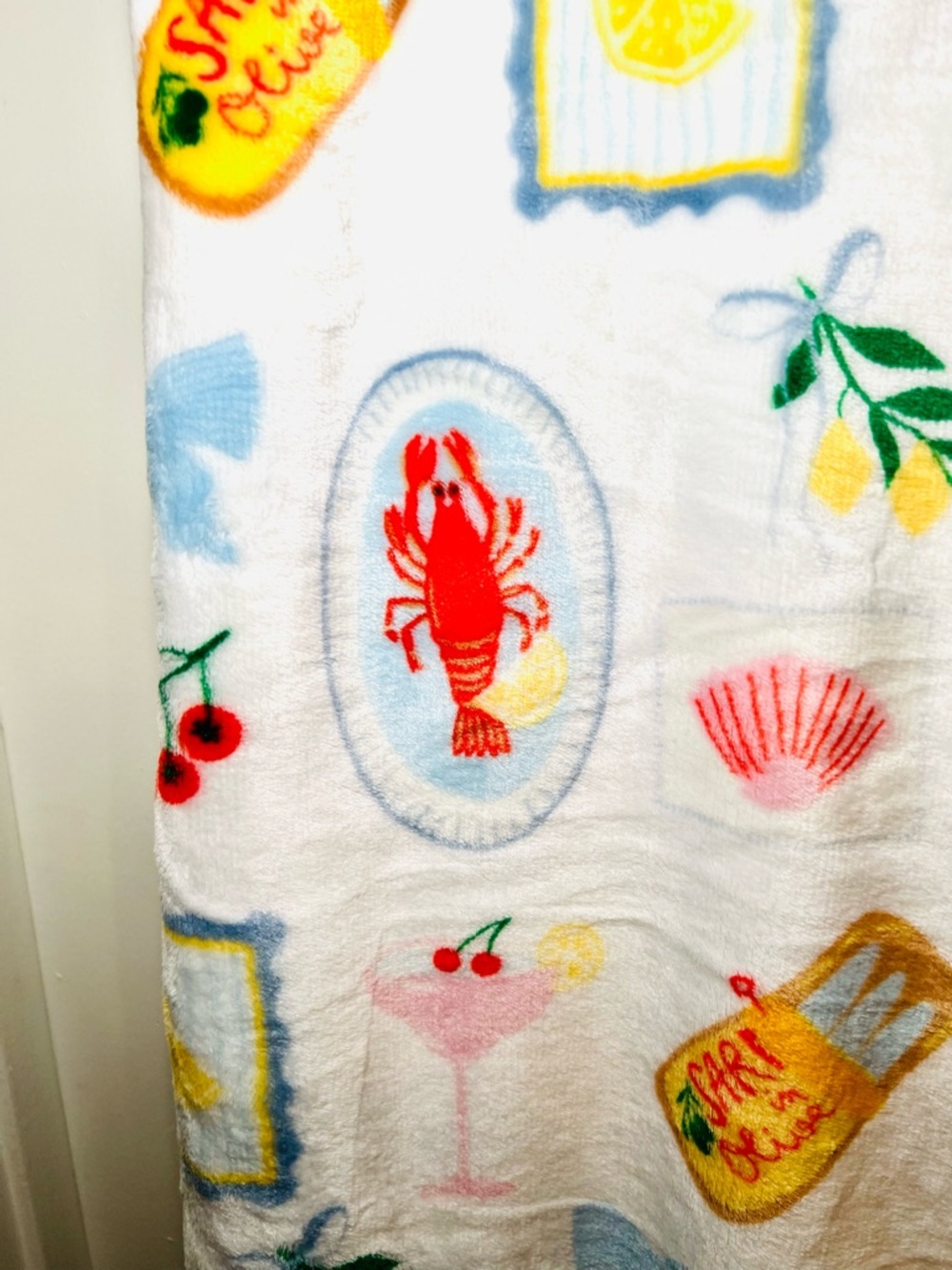 Coastal Summer Plush Throw Blanket Lobster Sardines Tomato Lemons Cocktails Bows - Picture 2 of 14